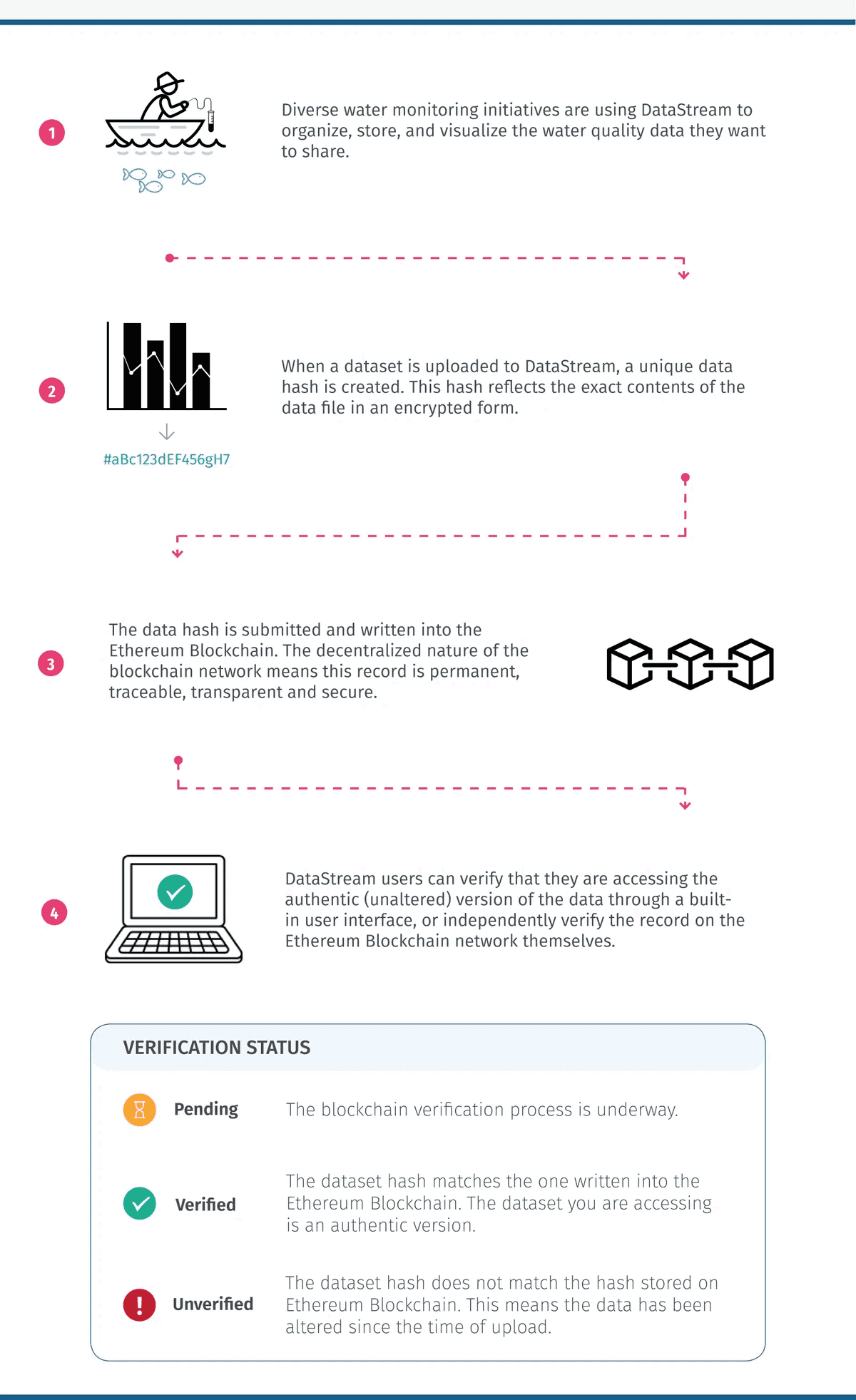 The blockchain technology process, from water monitors uploading their data to DataStream to creating and submitting a data hash into the Ethereum blockchain to the final step where DataStream users can verify that they are accessing unaltered data