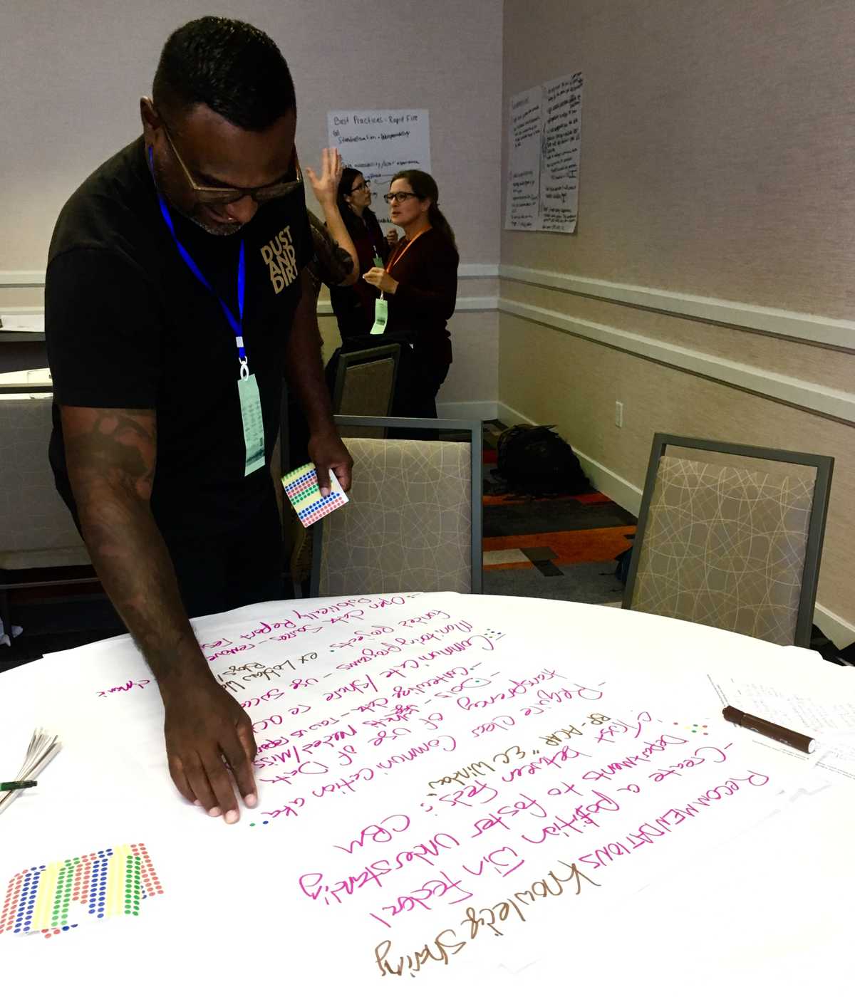 Person adding dots to chart paper full of recommendations on a table