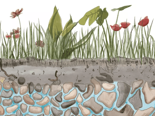 A coloured drawing of groundwater storage. Layers from top to bottom include flowers 	and grass, then soil, and lastly, sand and gravel with water filled between the spaces.