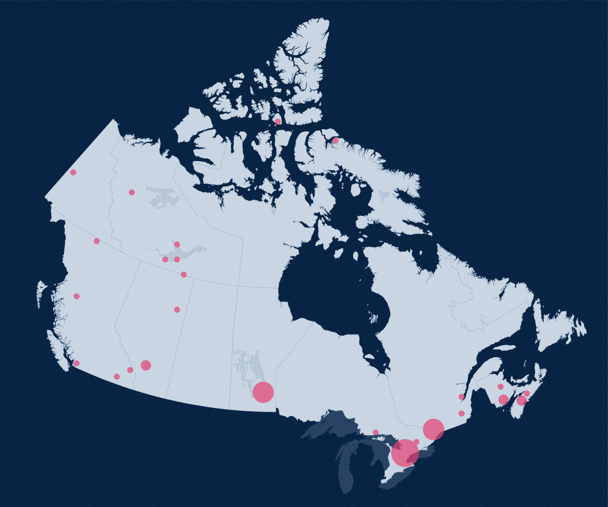 Carte du Canada avec des points rouges indiquant divers emplacements des participants à l'événement de discussion national CBWM organisé par la Fondation Gordon, Living Lakes Canada et WWF-Canada.