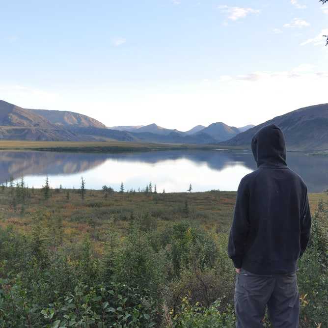 person staring out over horn lake in the northwest territories