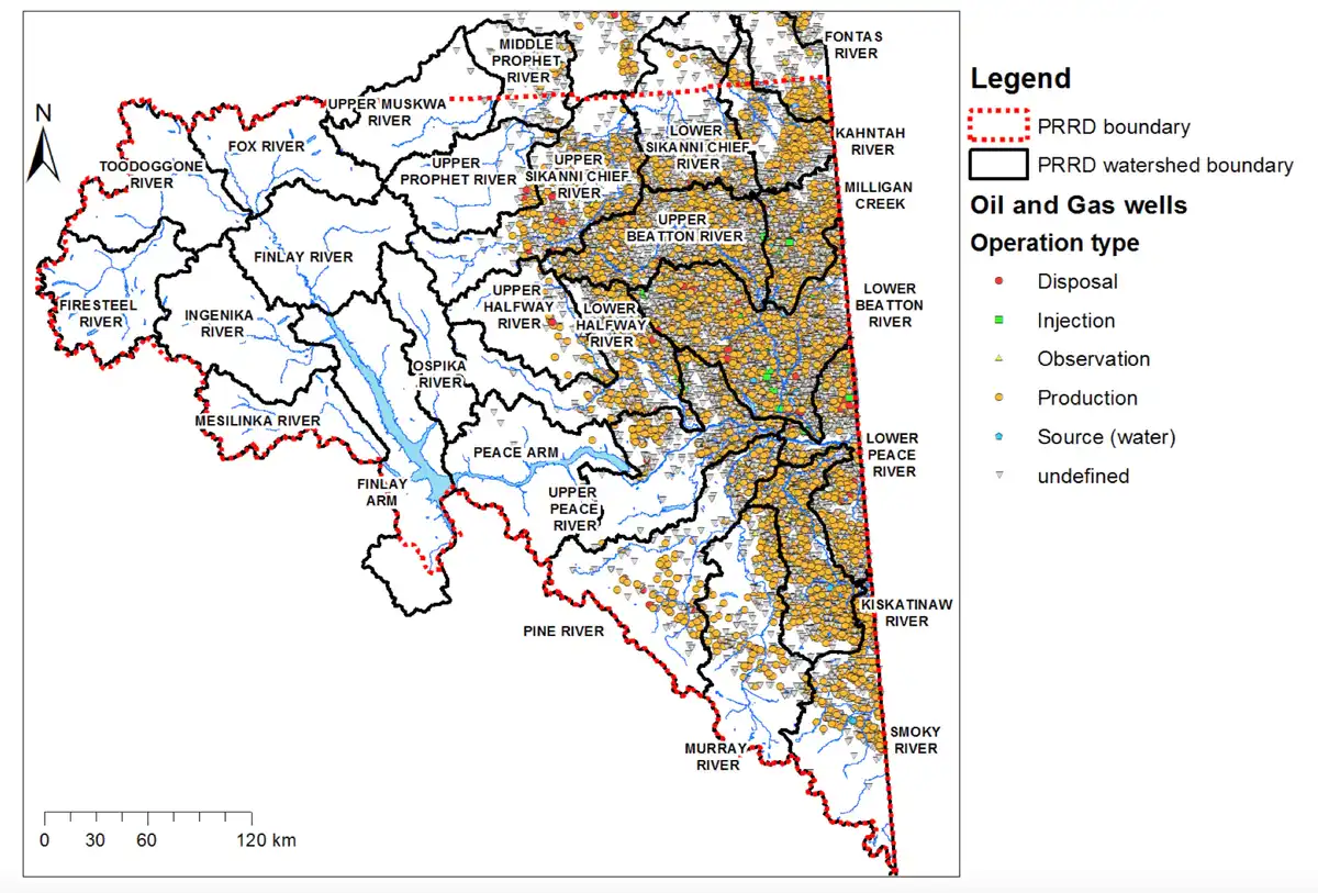Carte montrant les puits de pétrole et de gaz dans le district régional de Peace River